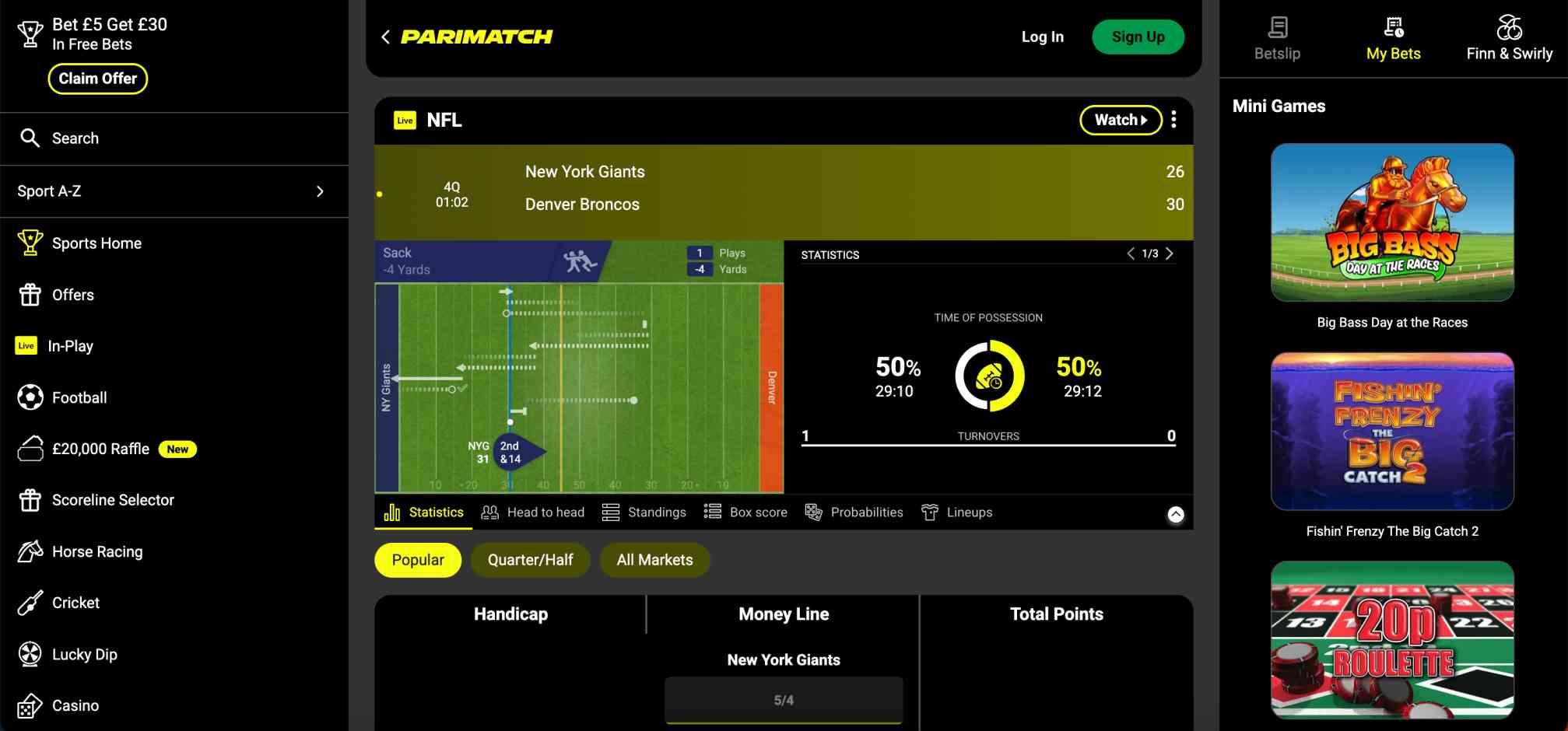 Parimatch in-play NFL match view with live stats and money line options displayed on the betting site.