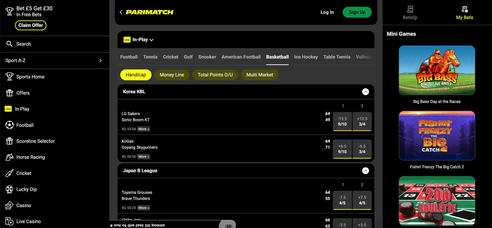 In-play sports betting section on Parimatch featuring basketball and other live games.