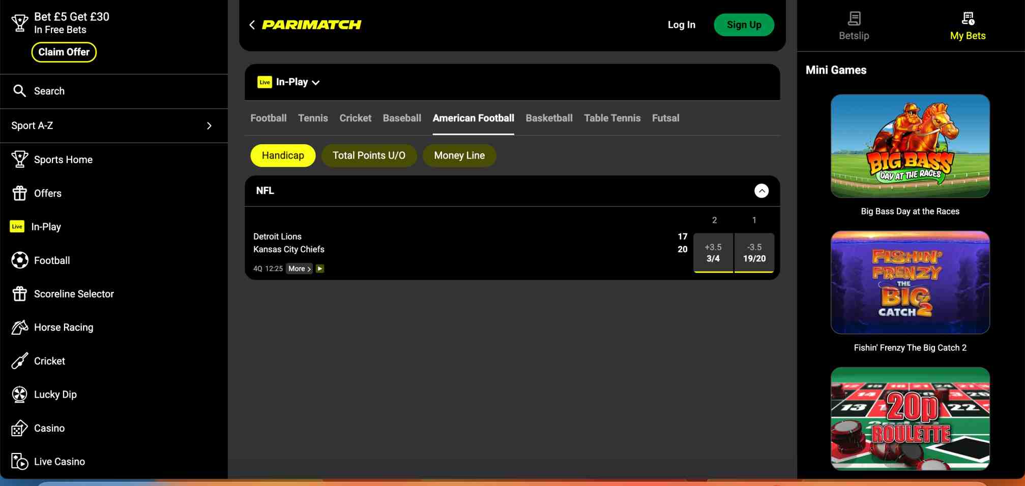 Parimatch in-play betting page displaying NFL odds and live sports options in Australia.