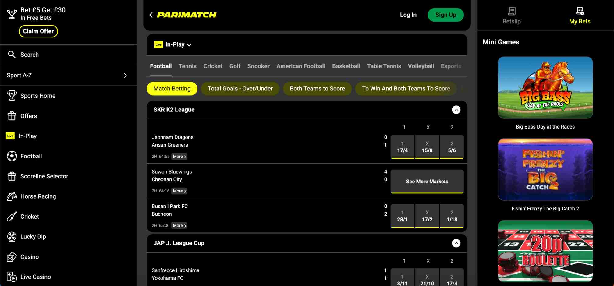 Parimatch in-play football betting dashboard showing live match odds and markets for SKR K2 League and J League Cup games.