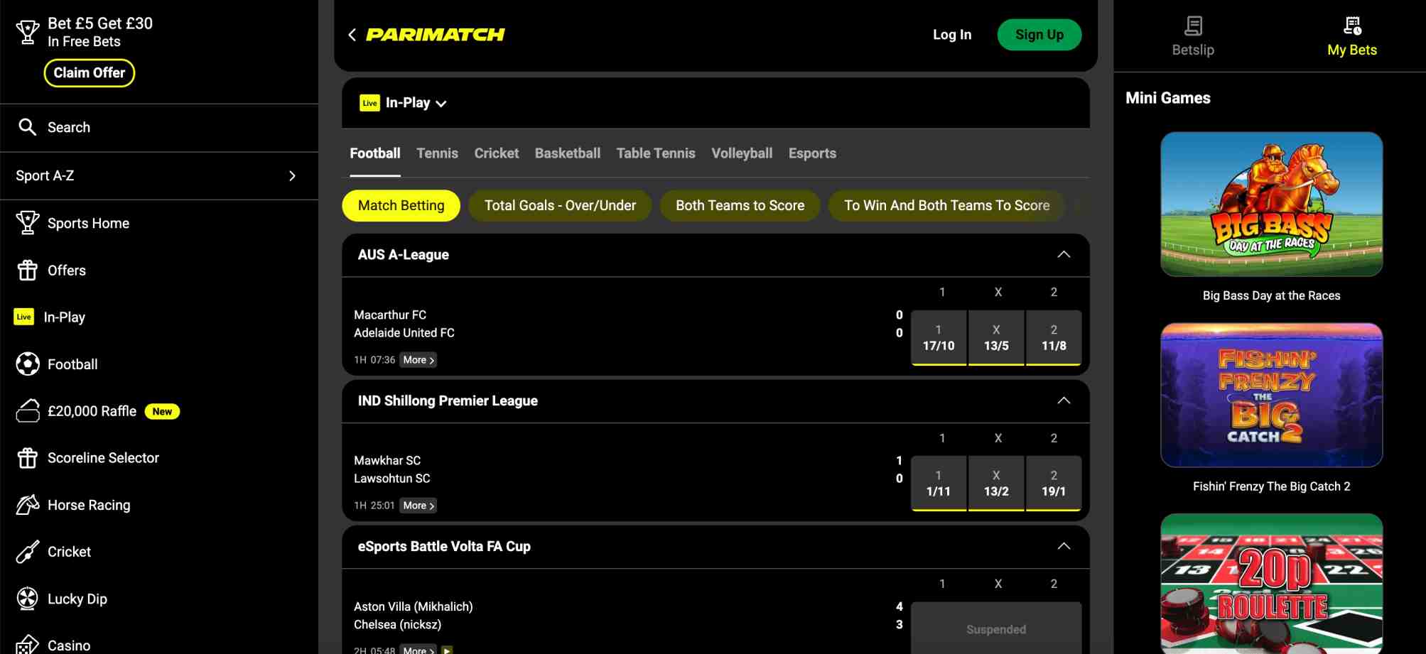 Parimatch in-play football betting section displaying live match odds and leagues, related to query why did Parimatch ban me.