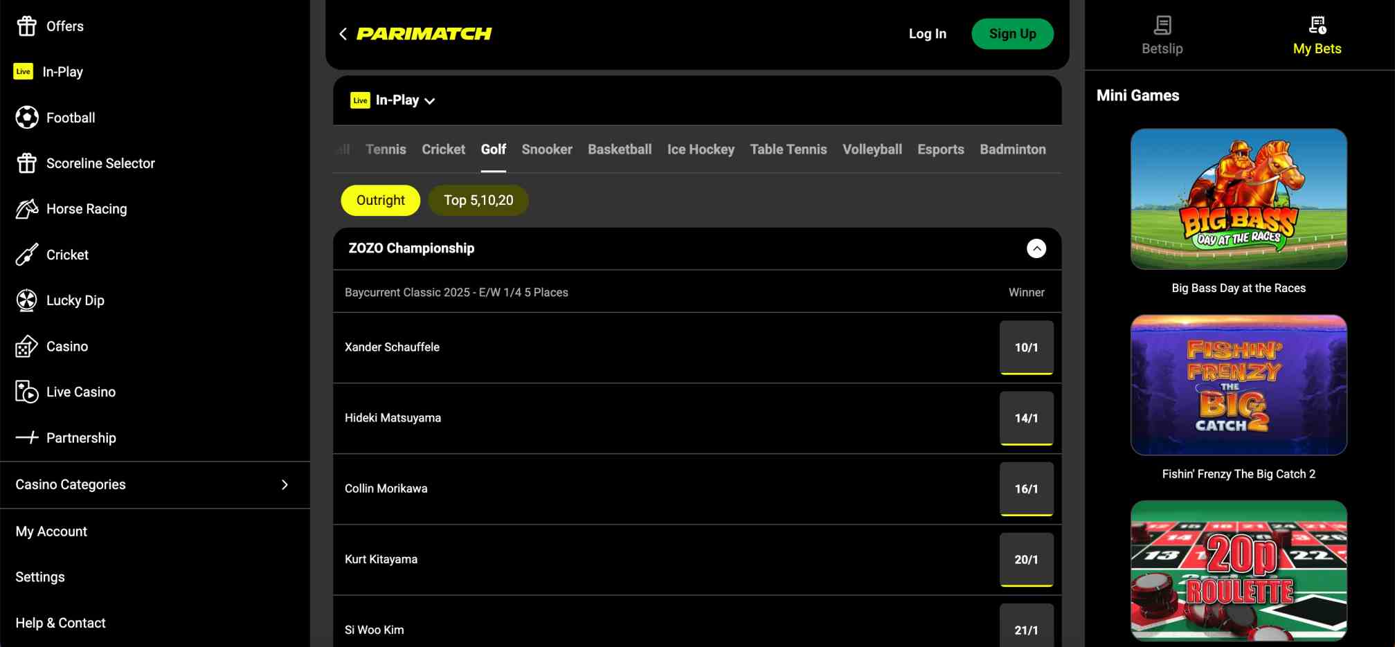 Parimatch in-play golf betting page displaying Zozo Championship odds, used to discuss can I have 2 Parimatch accounts.