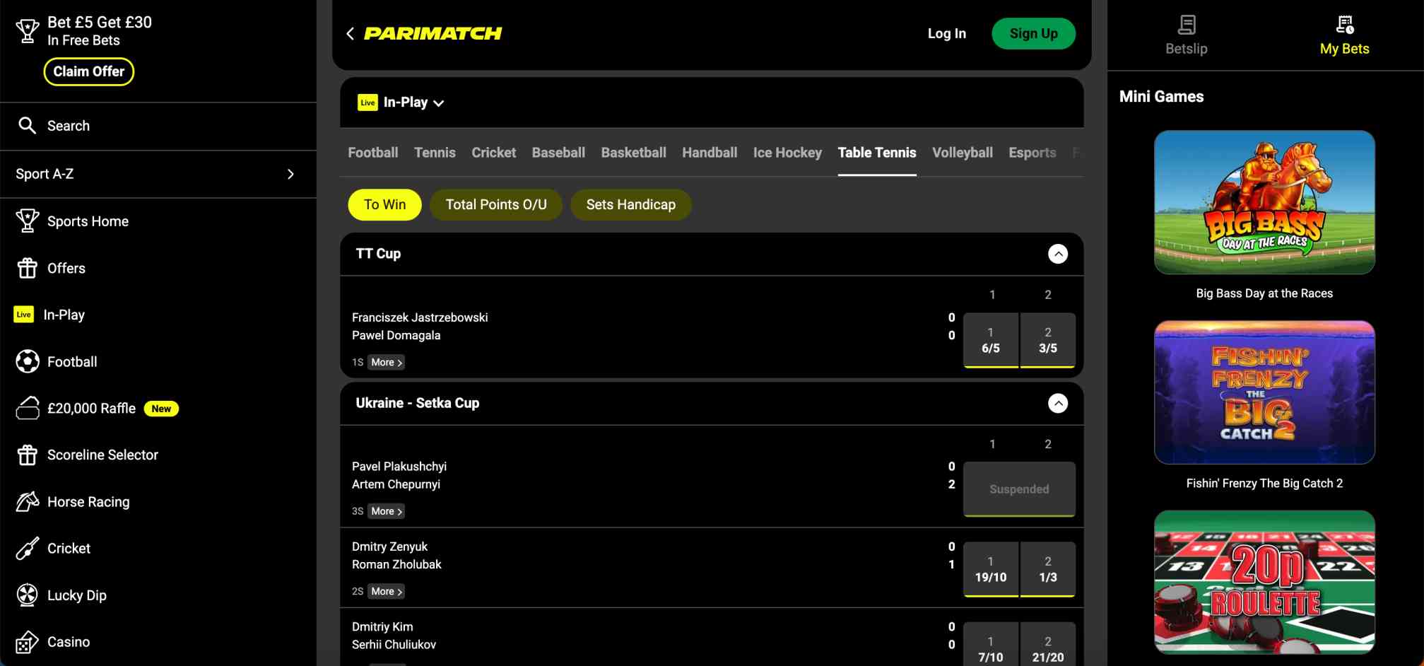 In-play table tennis and live betting section on Parimatch website, illustrating sports options for users in India.