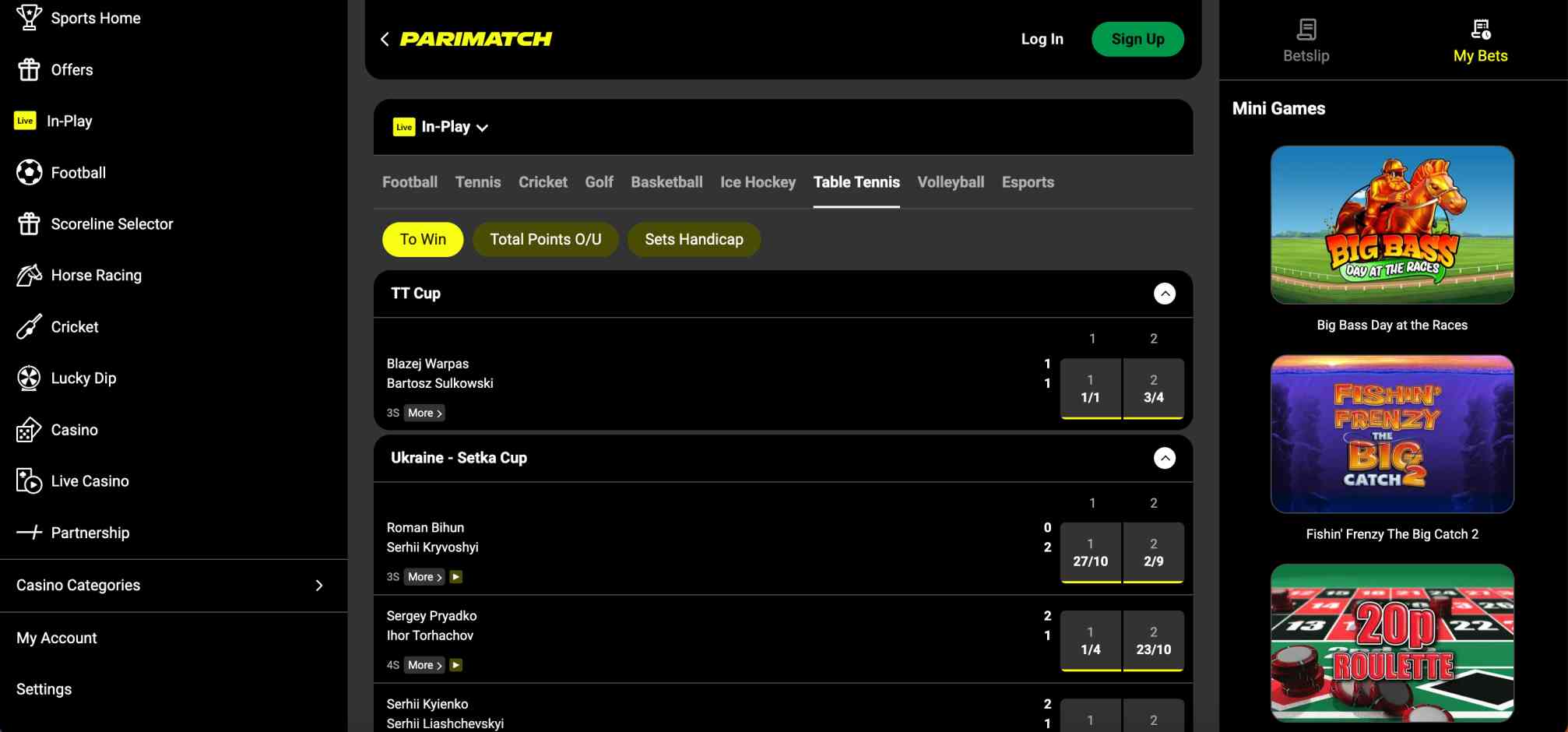 Parimatch live in-play table tennis betting interface featuring Ukraine Setka Cup and TT Cup matches, showing current odds and match listings for Canadian users.