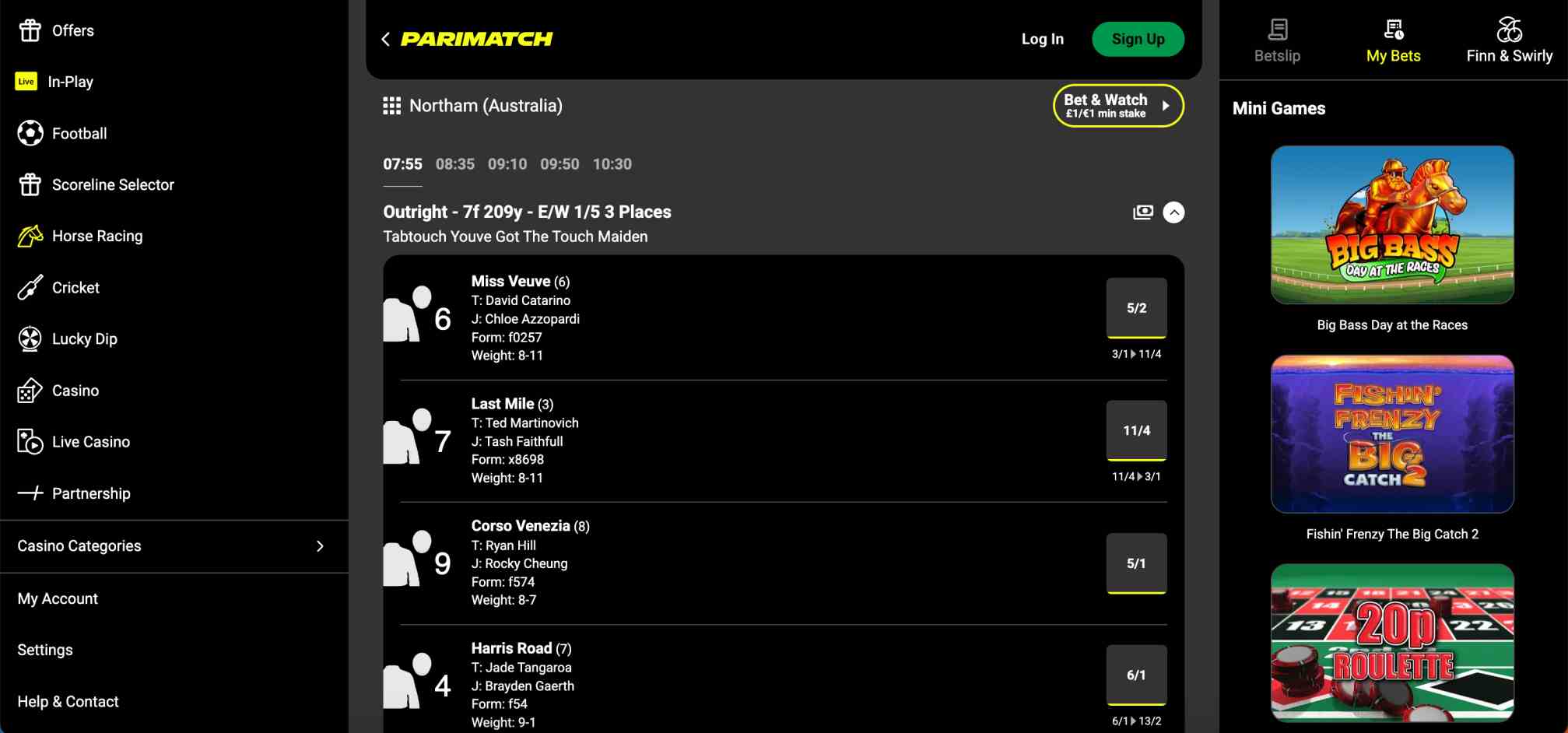 Parimatch Northam Australia race betting screen showing odds and runners for Miss Veuve and others.