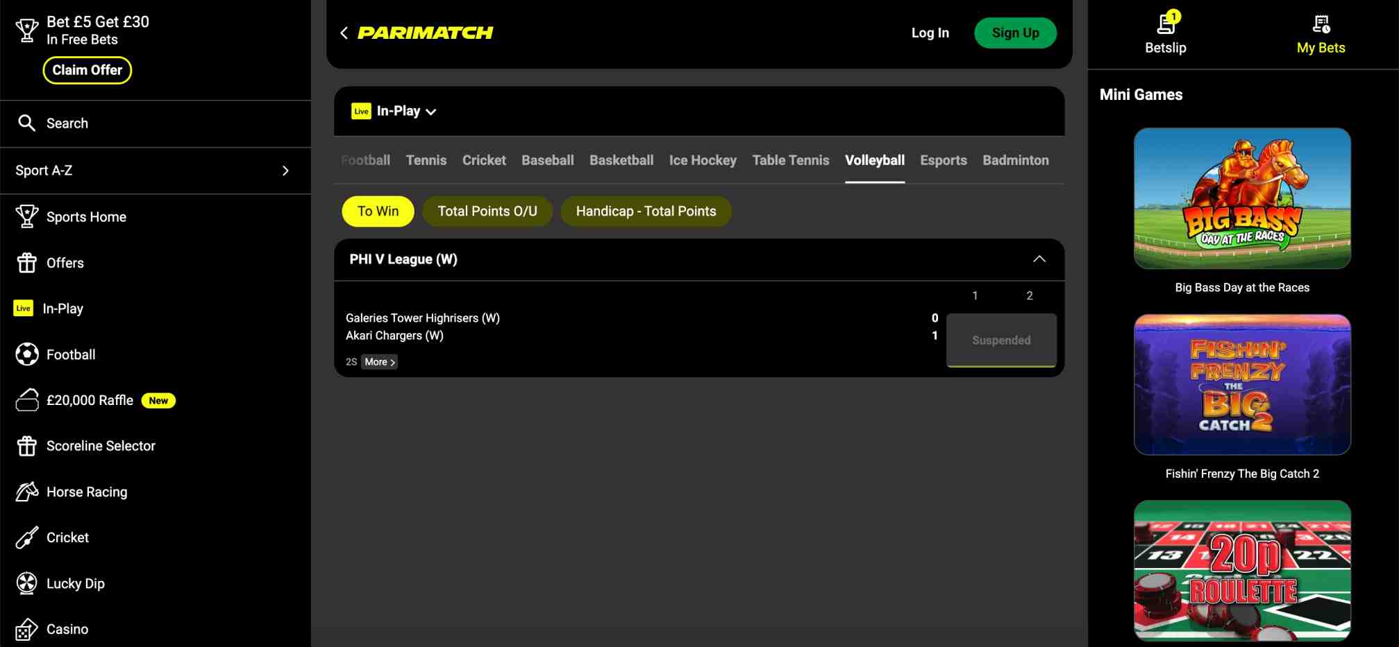 Parimatch in-play betting screen for volleyball PHI V League women’s match, used to explore if Parimatch works in Spain.
