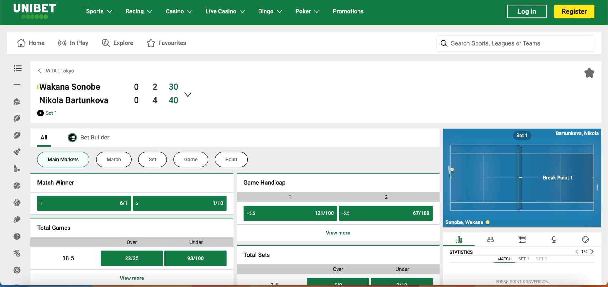 Unibet betting interface during WTA Tokyo match with live odds and statistics — used for article about Unibet withdrawal time Australia.