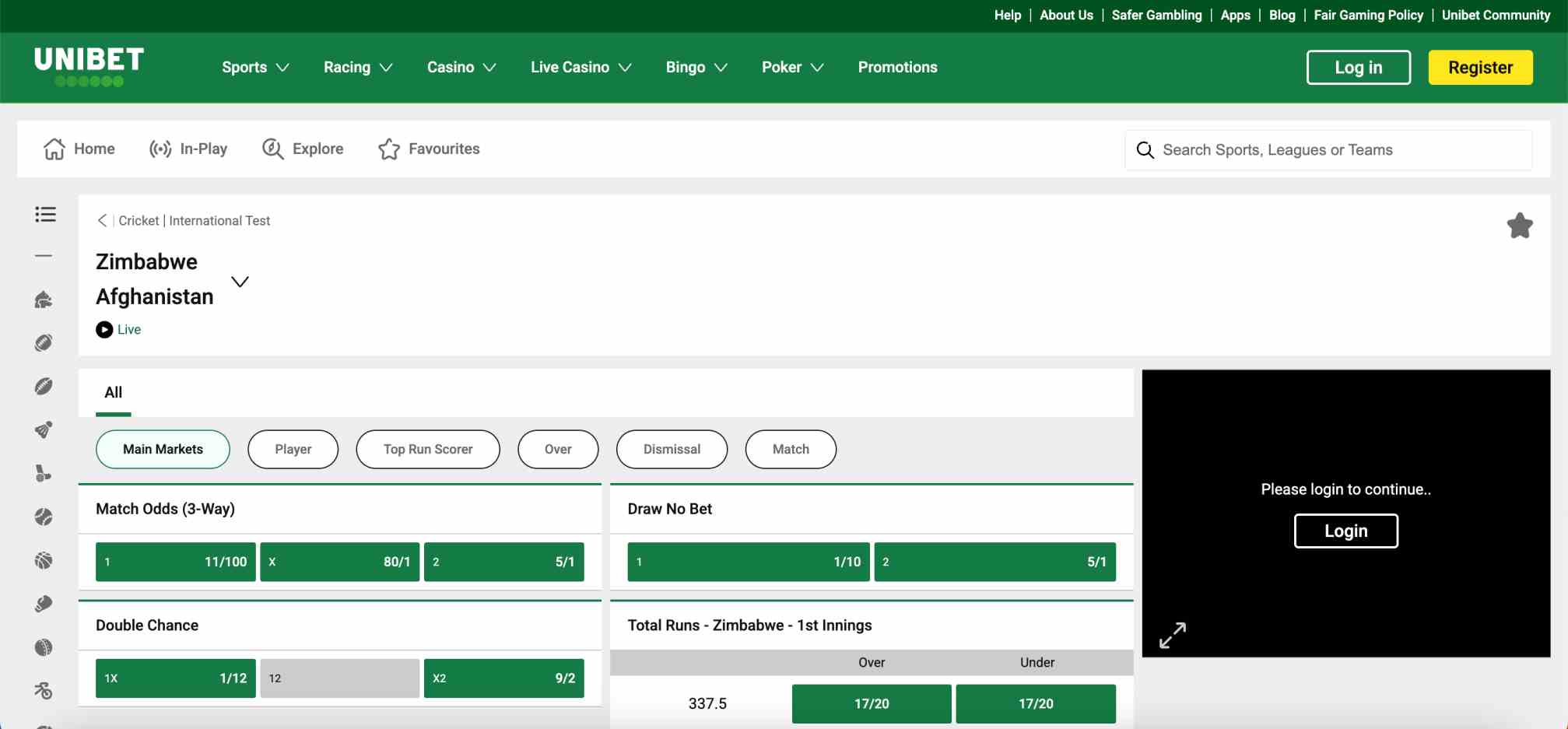 Unibet cricket odds page for Zimbabwe vs Afghanistan Test match showing betting markets and match odds details.