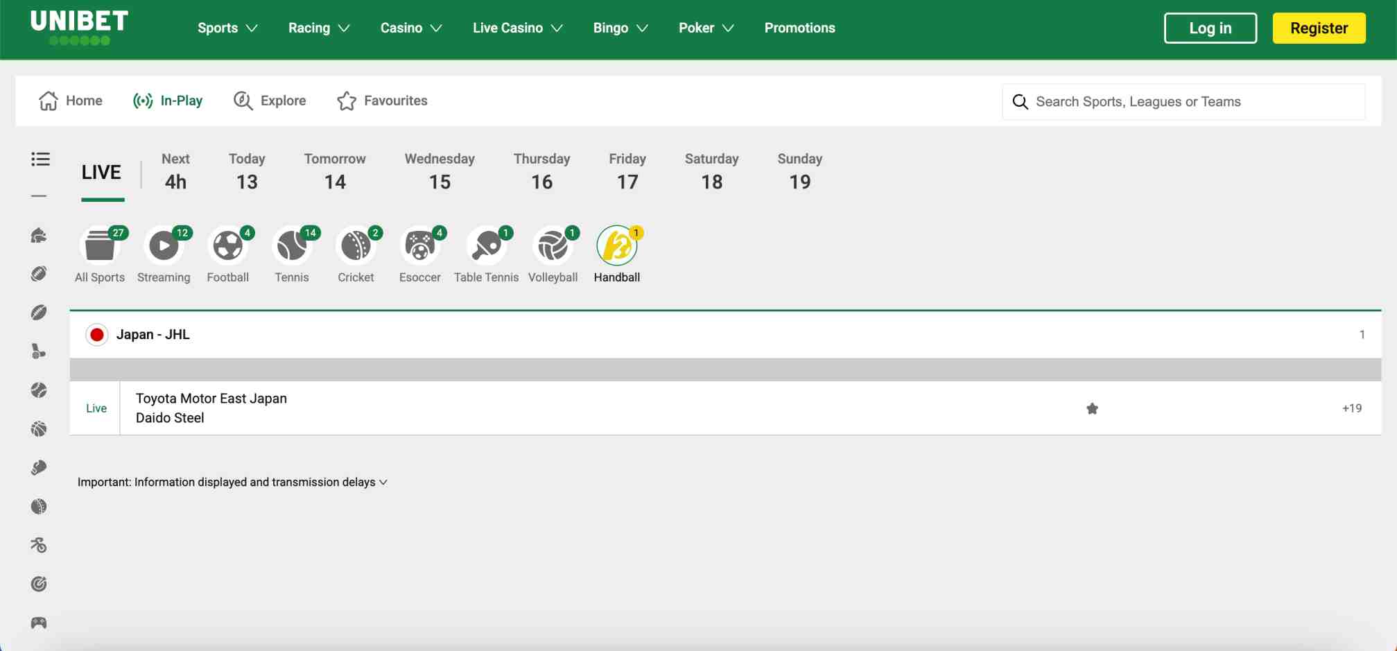 Unibet in-play betting interface displaying Japan JHL match details for Toyota Motor East Japan vs Daido Steel.