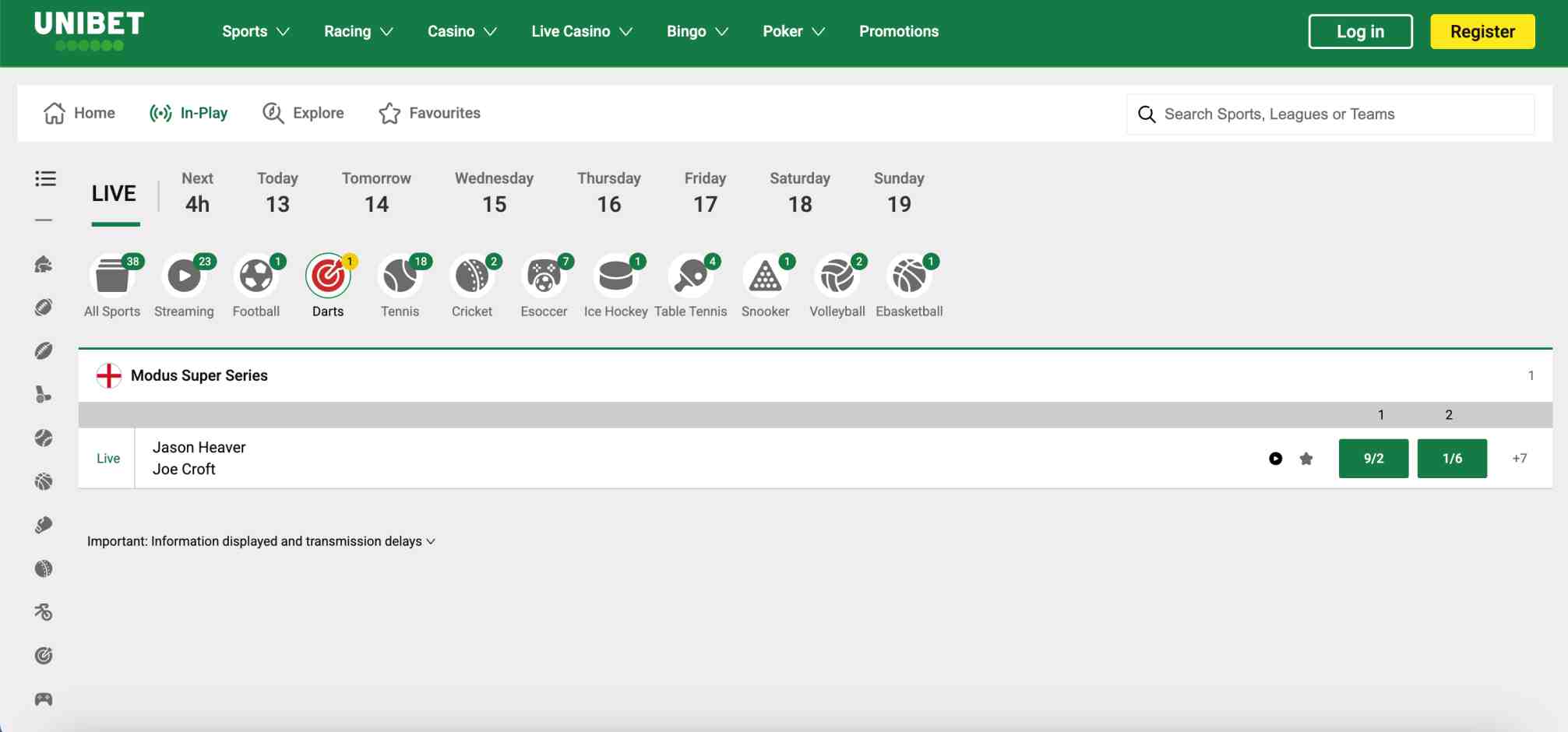 Unibet in-play sports section with live darts match between Jason Heaver and Joe Croft, illustrating the platform where users wonder does Unibet accept Visa gift cards.