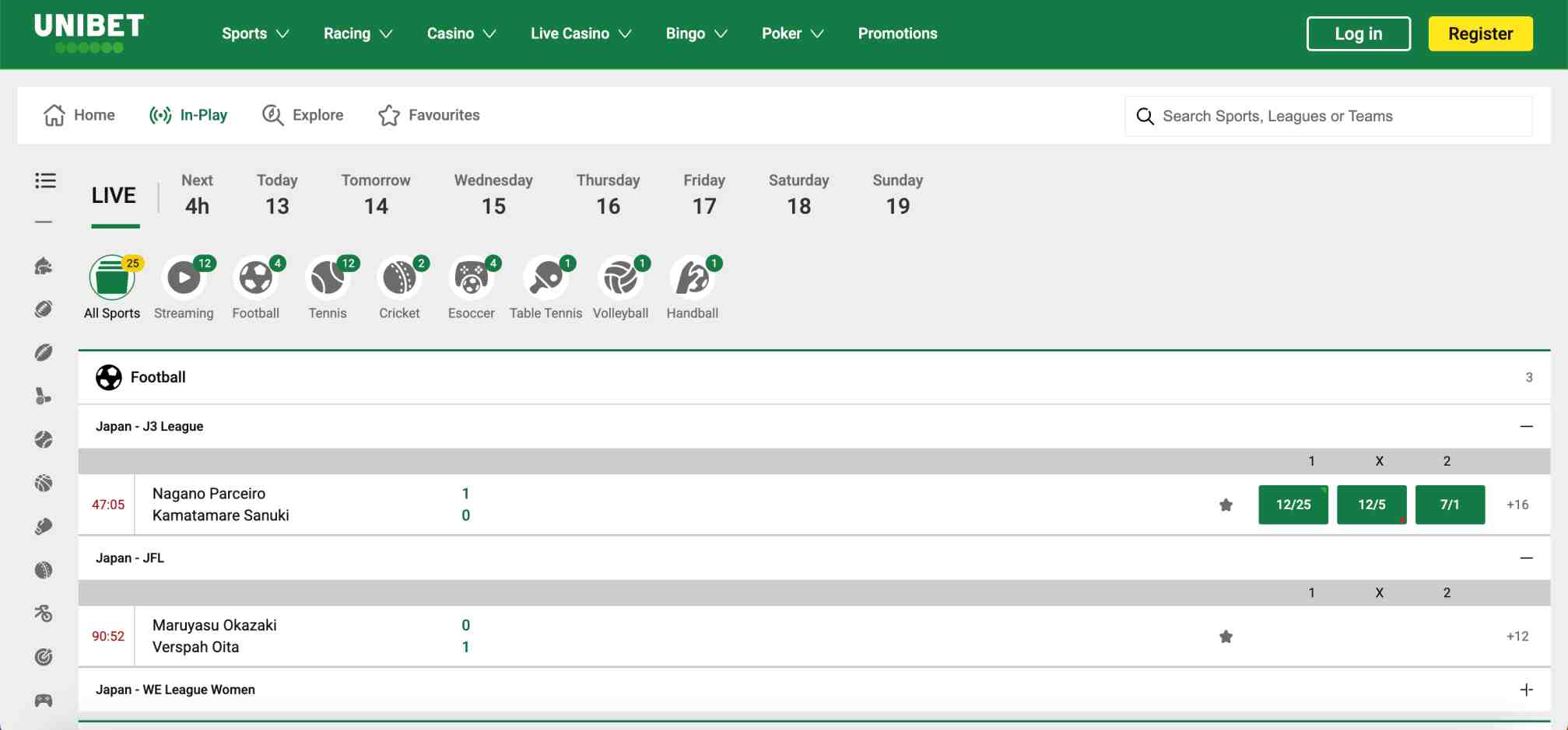 Unibet in-play betting page showing live football matches from Japan J3 League and JFL.