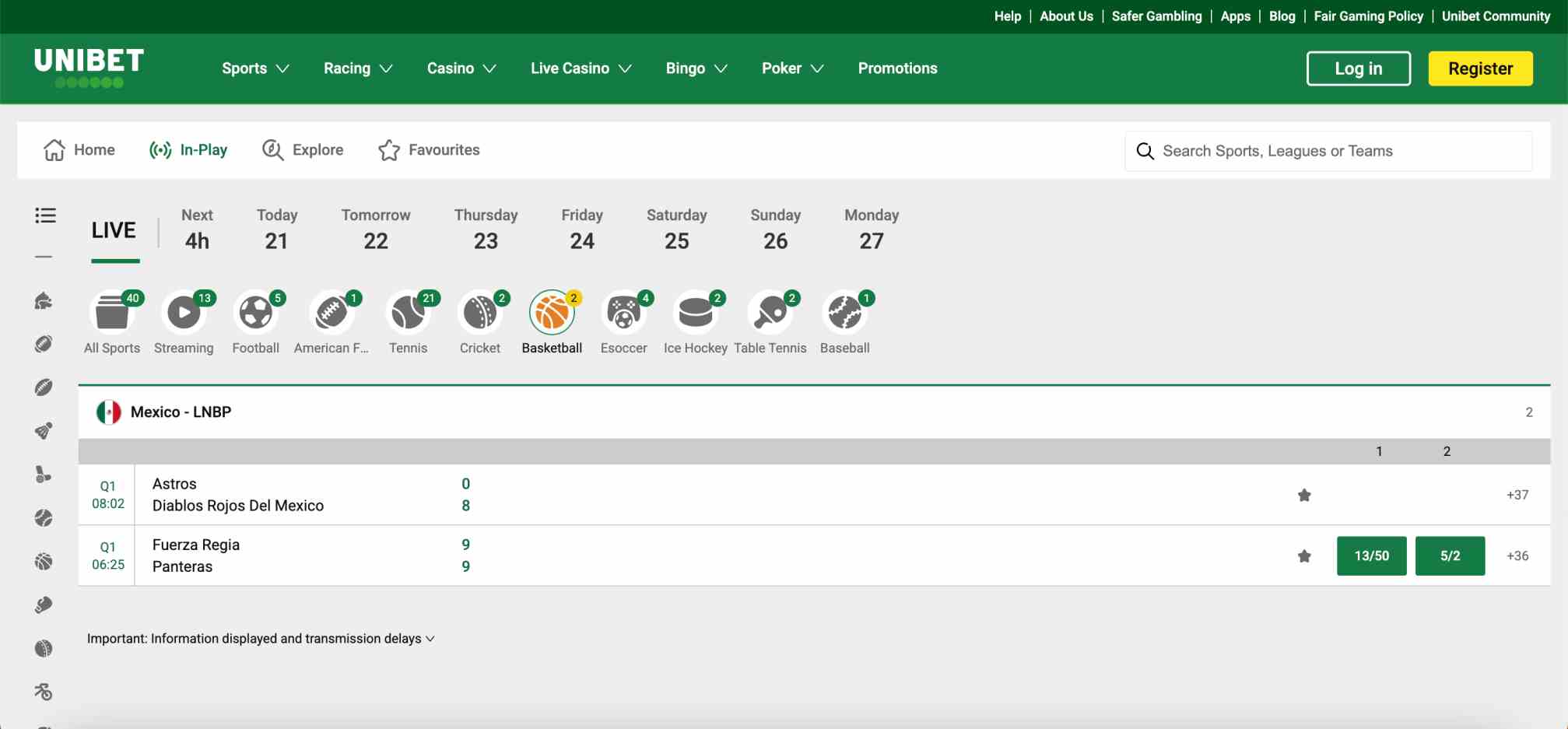 Unibet in-play basketball betting screen showing Mexico LNBP games and odds, suitable for Indian users depositing via Paytm.