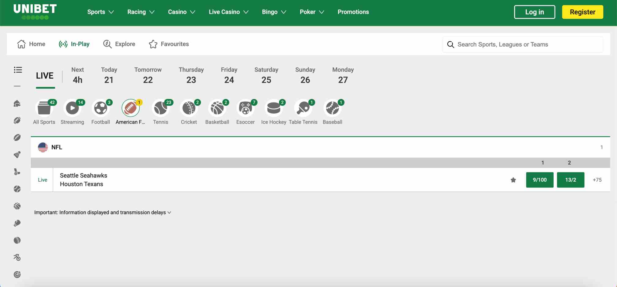 Unibet in-play betting overview displaying live NFL match between Seattle Seahawks and Houston Texans.