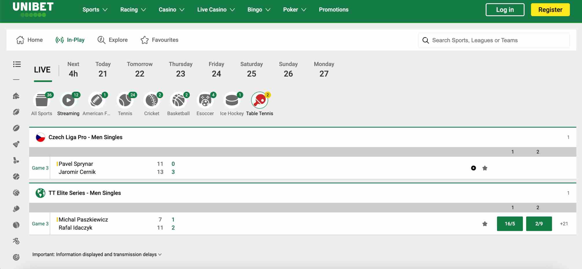 Unibet live betting dashboard displaying Czech Liga Pro and TT Elite Series matches for table tennis