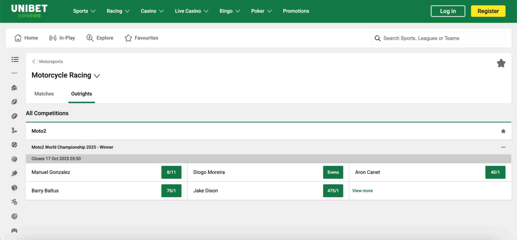 Unibet Moto2 World Championship 2025 betting odds showing top contenders including Diogo Moreira and Aron Canet.