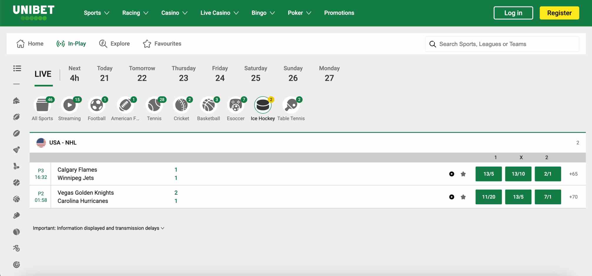Unibet live NHL match view displaying current ice hockey scores and betting odds — example for what happens if a player gets injured Unibet.