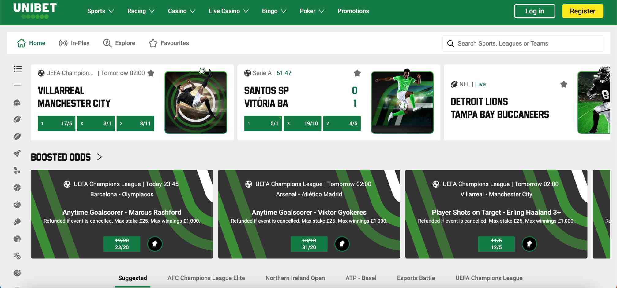Unibet homepage displaying football, baseball, and NFL betting odds used in an article about Unibet Venmo withdrawal time.