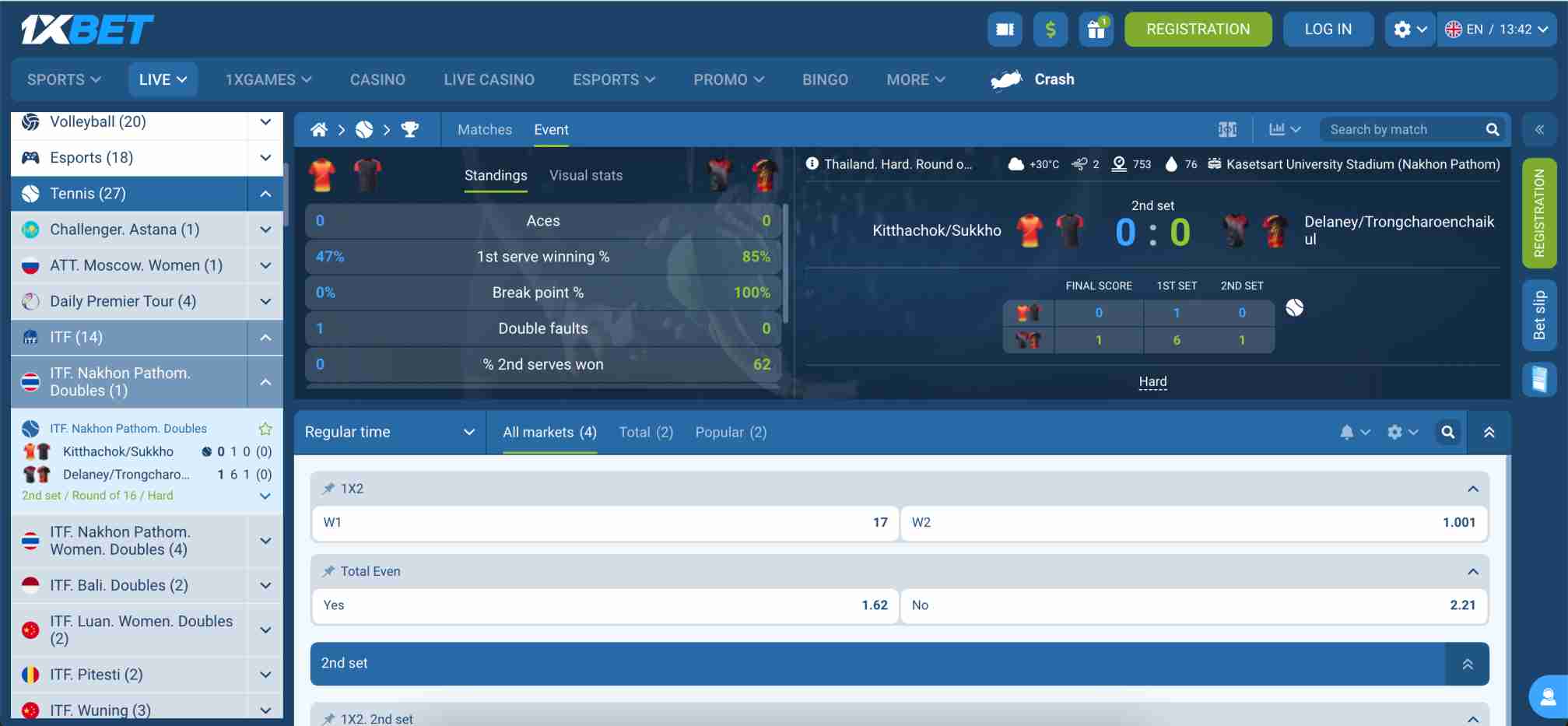 1xBet tennis match – what happens if a player doesn't start