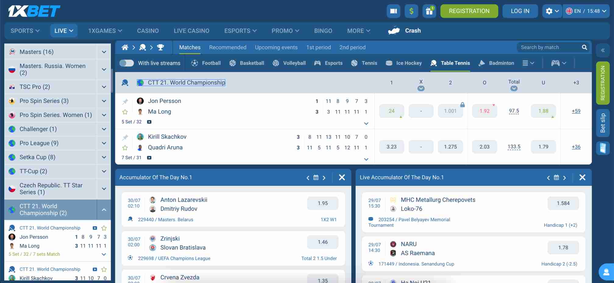 1xBet table tennis live match screen showing how to convert bonus into cash.