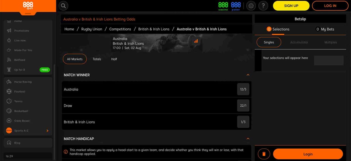 888sport match odds for Australia vs British & Irish Lions – how do I unlock my 888sport account to bet?