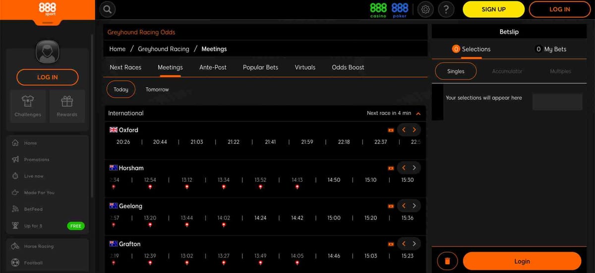 888sport greyhound racing odds interface showing meeting times and betting slip, relevant to the question does 888sport accept Google Pay.