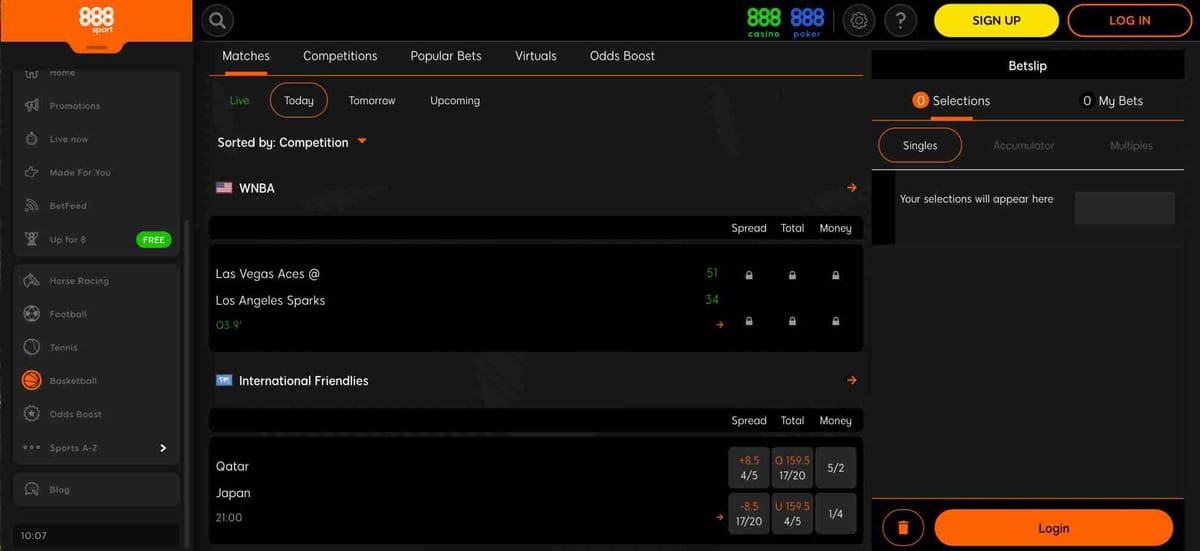 888sport live betting interface showing match details for the Las Vegas Aces vs Los Angeles Sparks game, useful for understanding the account verification process.