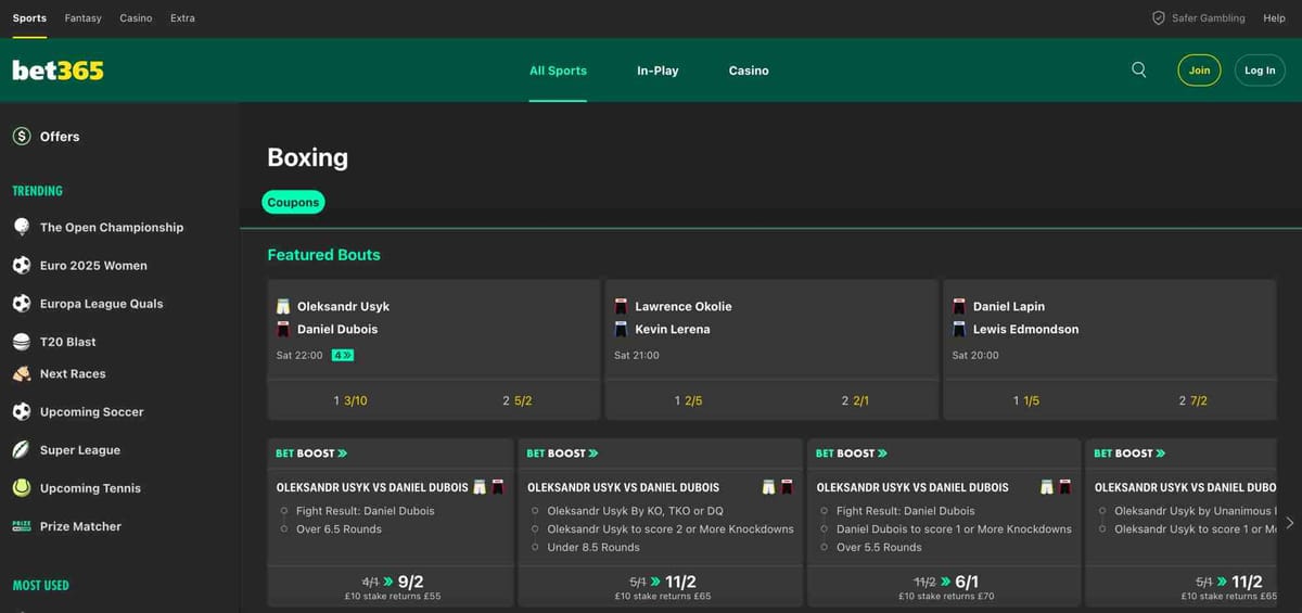 Screenshot of the Bet365 boxing section showing featured bouts and betting odds, relevant to users wondering "Can Bet365 cancel a withdrawal" due to potential account verification issues.