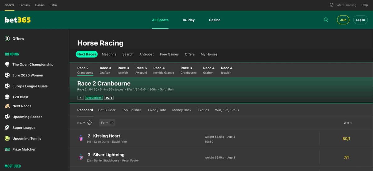 Screenshot of Bet365 horse racing racecard showing odds and runners for Race 2 at Cranbourne, useful for understanding Bet365 what does each way mean in betting.