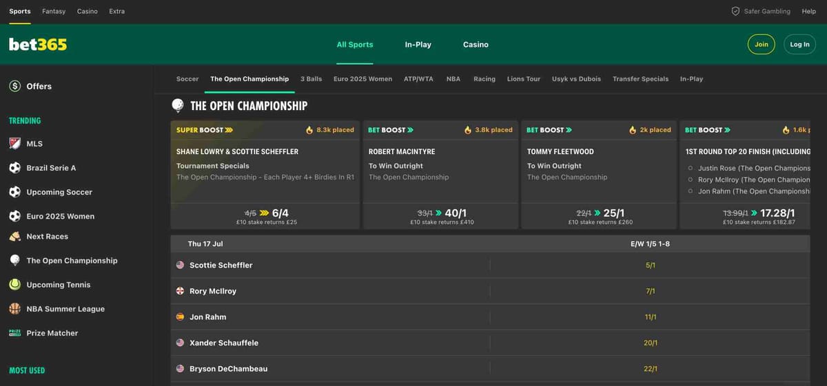 Screenshot of Bet365 showing The Open Championship golf betting odds and boost offers, useful for answering questions like “Does Bet365 work in Spain.”