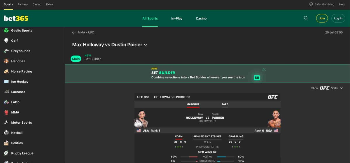 UFC betting odds for Max Holloway vs Dustin Poirier shown on Bet365 platform, relevant for users wondering is Bet365 legal in India for placing MMA bets.