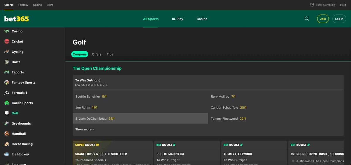 Bet365 golf betting odds screen showing The Open Championship markets, which may be unavailable for cash out depending on live play and bet conditions.