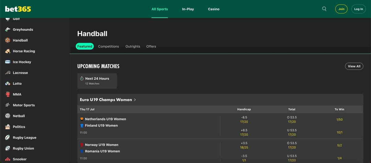Bet365 handball betting screen showing Euro U19 Women’s matches and odds, related to how long does Bet365 withdrawal take NZ.
