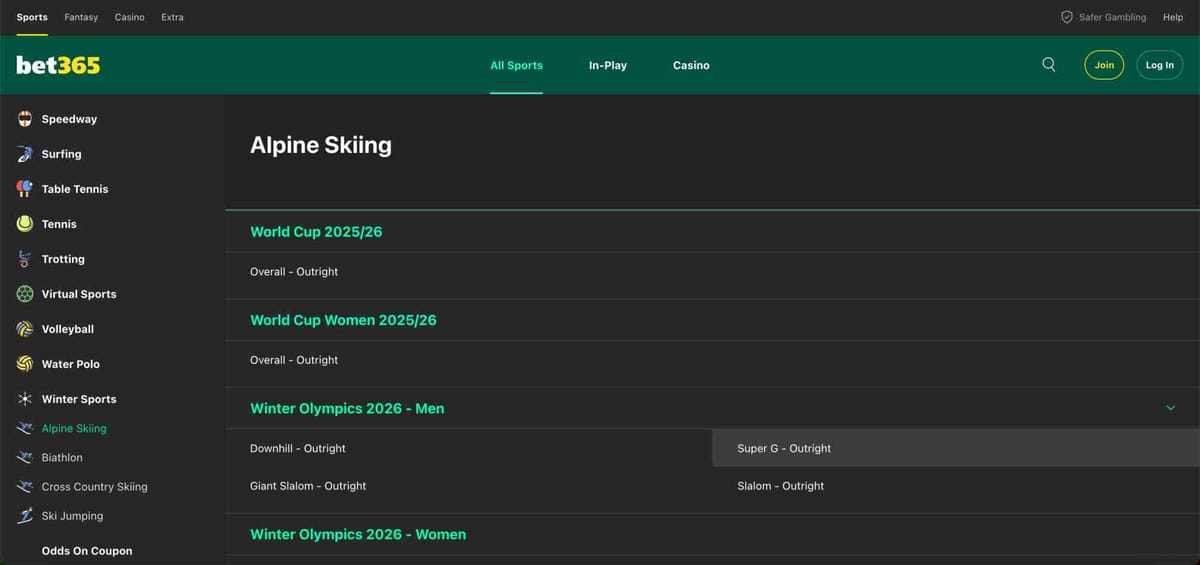 Screenshot of the Bet365 alpine skiing section, showing Winter Olympics and World Cup betting options — helpful for understanding where to use Bet365 bonus bets and when they might expire.