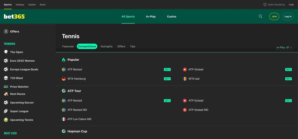 Screenshot of the Bet365 tennis betting section showing ongoing ATP and WTA competitions, useful for understanding what happens if a tennis player retires on Bet365.