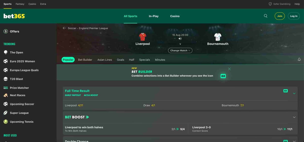 Bet365 match odds screen showing Liverpool vs Bournemouth with betting options and odds; useful for understanding what happens if a player gets injured Bet365 rules may affect payouts.