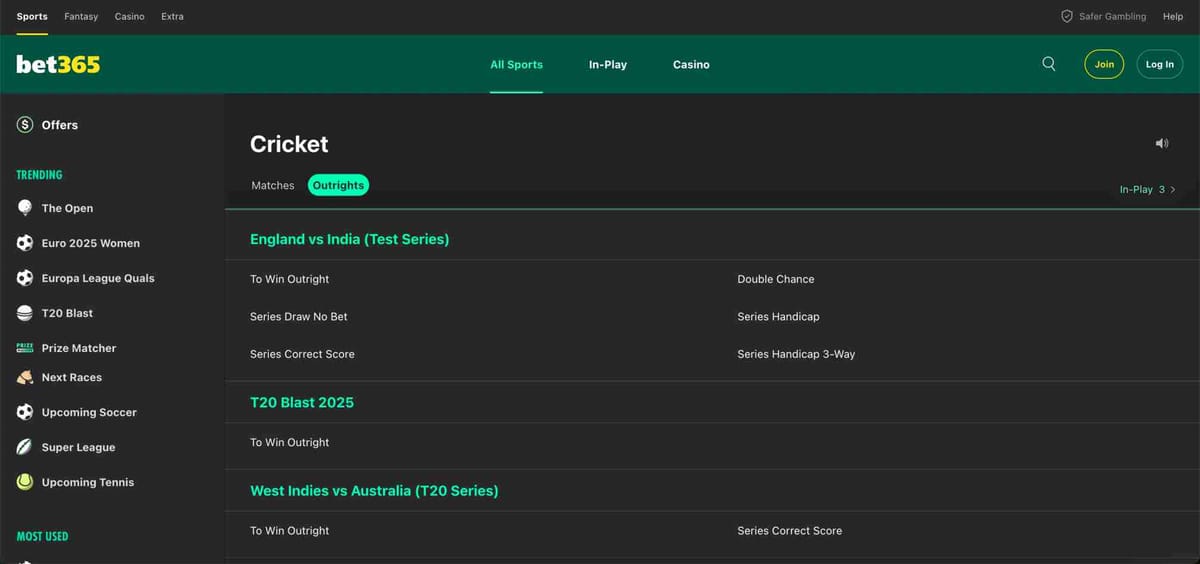 Cricket outrights on Bet365 including Test and T20 series. Shows what happens if a cricket match is tied in Bet365.