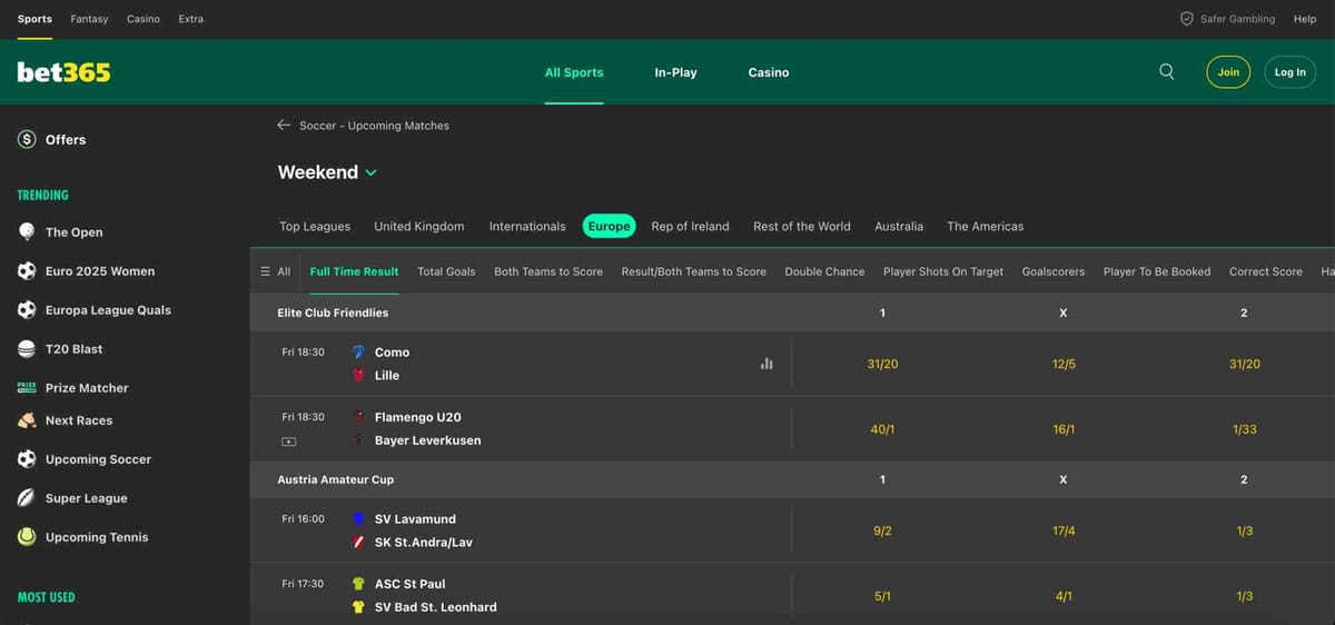 Bet365 weekend football odds screen showing accumulator bet options—relevant when exploring what happens if a game is postponed on an accumulator Bet365.