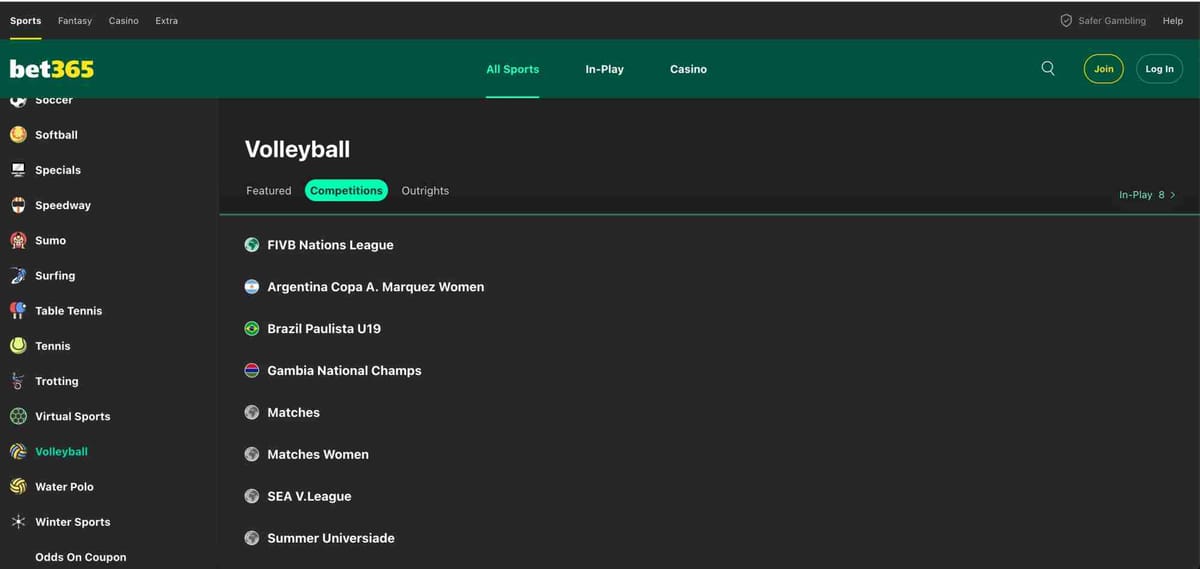 Bet365 volleyball competitions page showing various international matches and leagues available for betting.