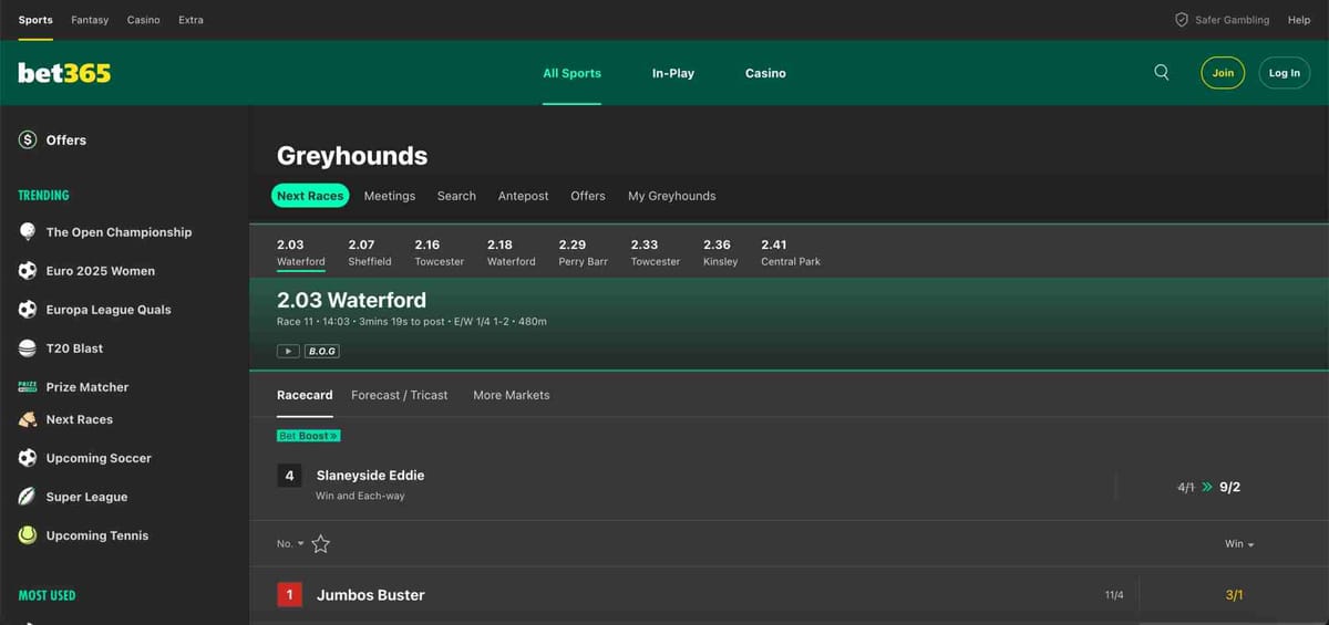 Screenshot of Bet365 greyhound race betting odds for Waterford, showing upcoming races and betting options — helpful for users wondering “can I withdraw money from Bet365 in Mauritius.”