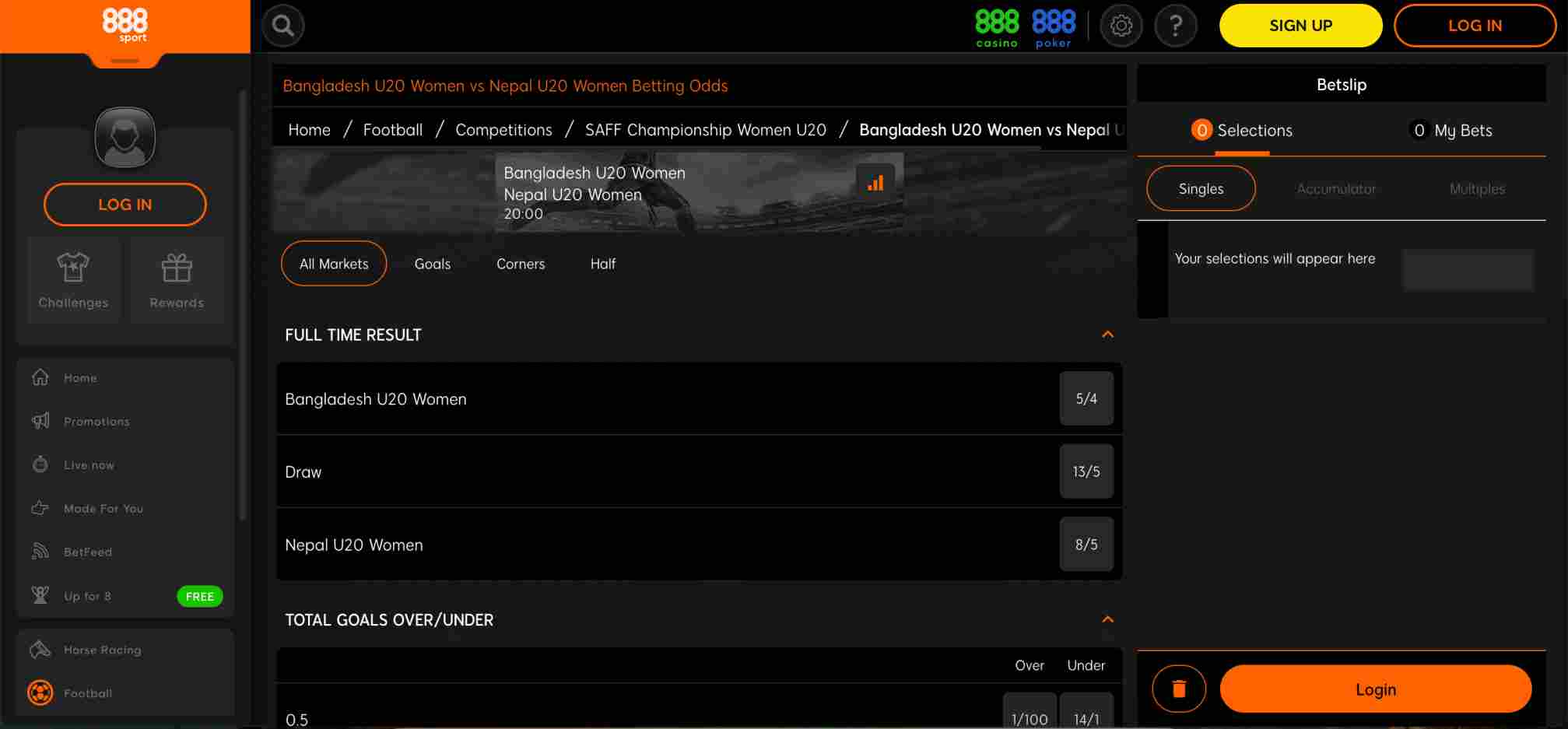 888sport betting interface showing odds for Bangladesh U20 Women vs Nepal U20 Women — helpful for users wondering does 888sport accept BLIK Poland.
