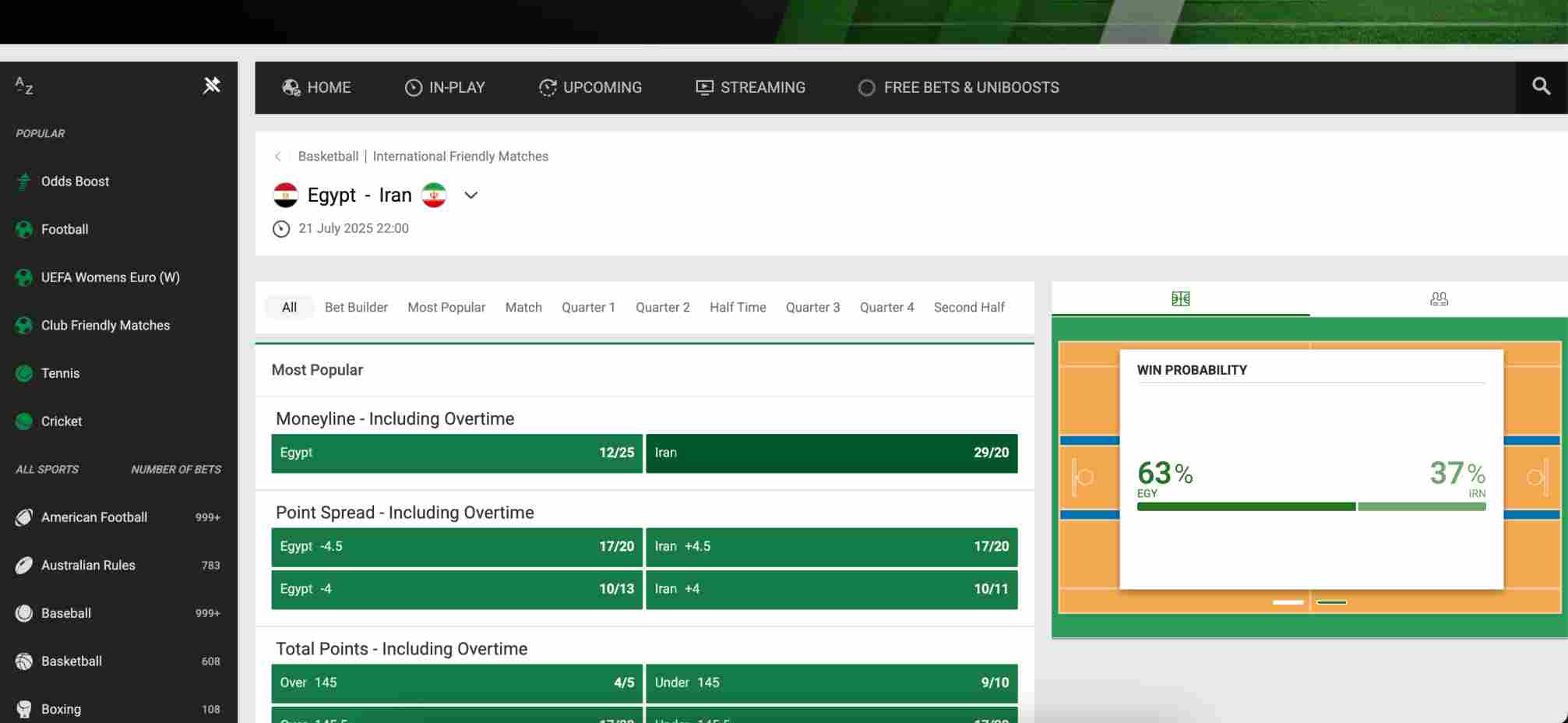 Unibet basketball odds for Egypt vs Iran with win probability chart – relevant for “Is Unibet legal in India.”