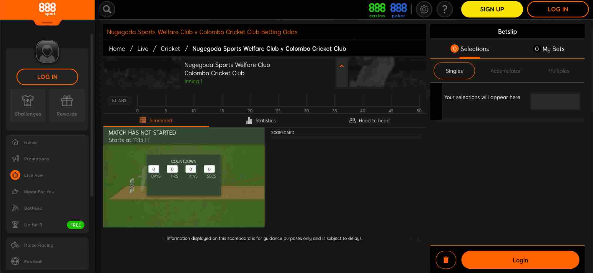 Screenshot of the 888sport cricket match interface showing a countdown before the game begins, useful for users checking updates or interested in 888sport Skrill withdrawal time information.