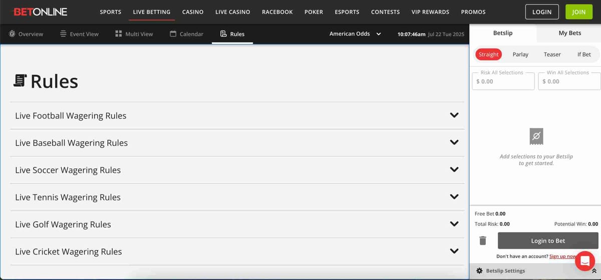 BetOnline rules page showing various live sports wagering options, useful for users researching topics like 'does BetOnline accept Chime'.
