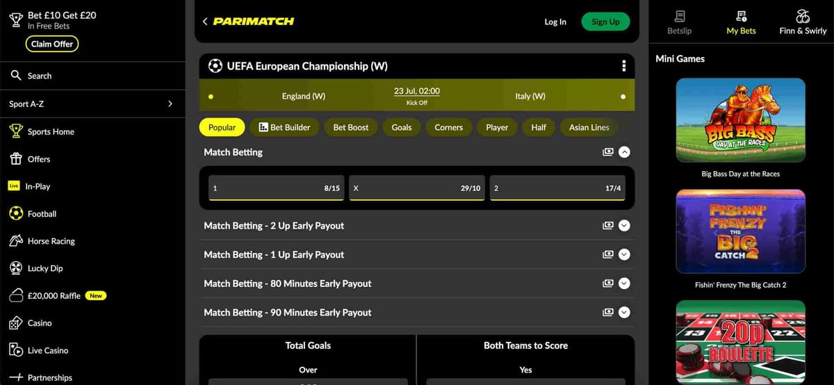 Parimatch odds for England vs Italy in UEFA Women’s Championship, with promo offer.