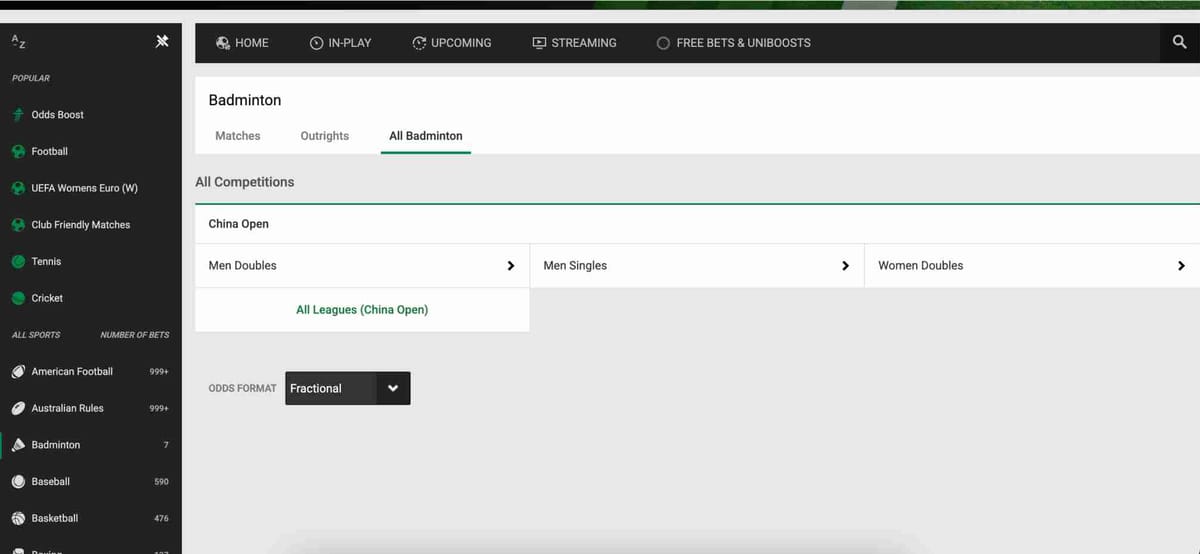 Unibet sports betting interface showing badminton markets and odds options – relevant for users exploring Unibet UPI deposit India features.