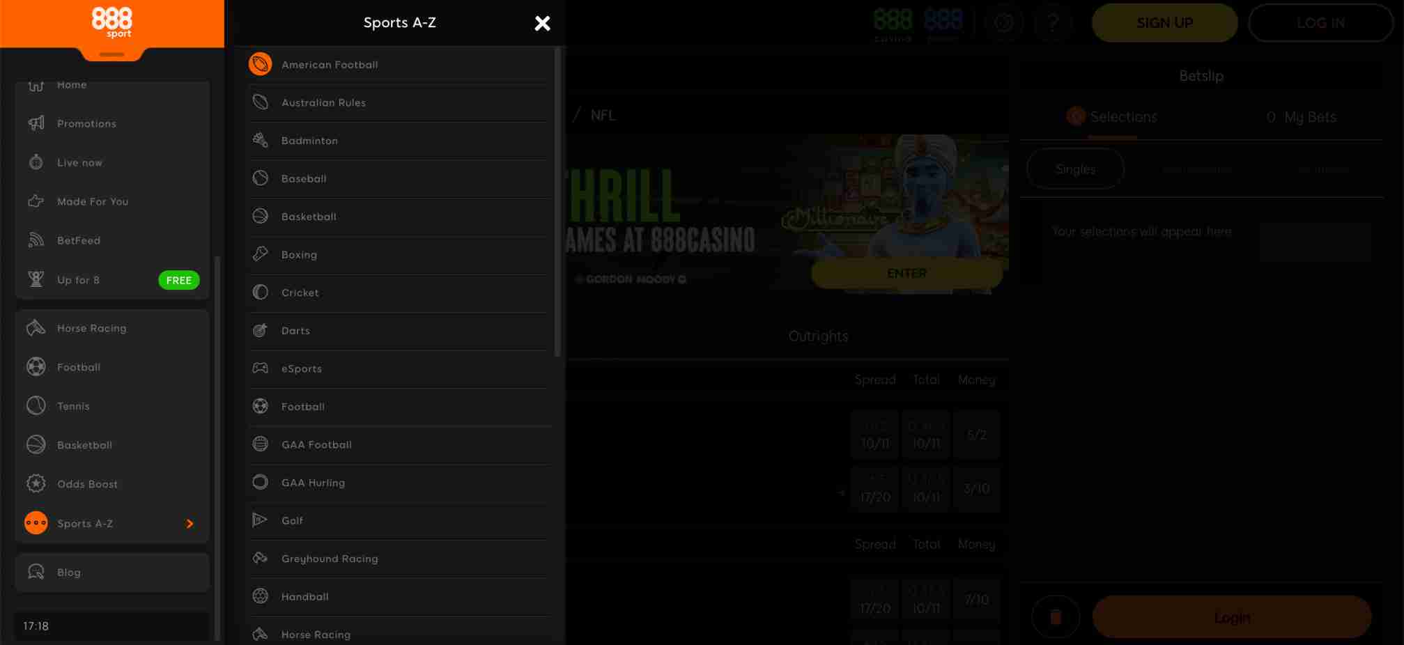 Screenshot of the 888sport Sports A-Z betting menu, showing various sports categories — relevant for users asking "Does 888sport work in Spain?"