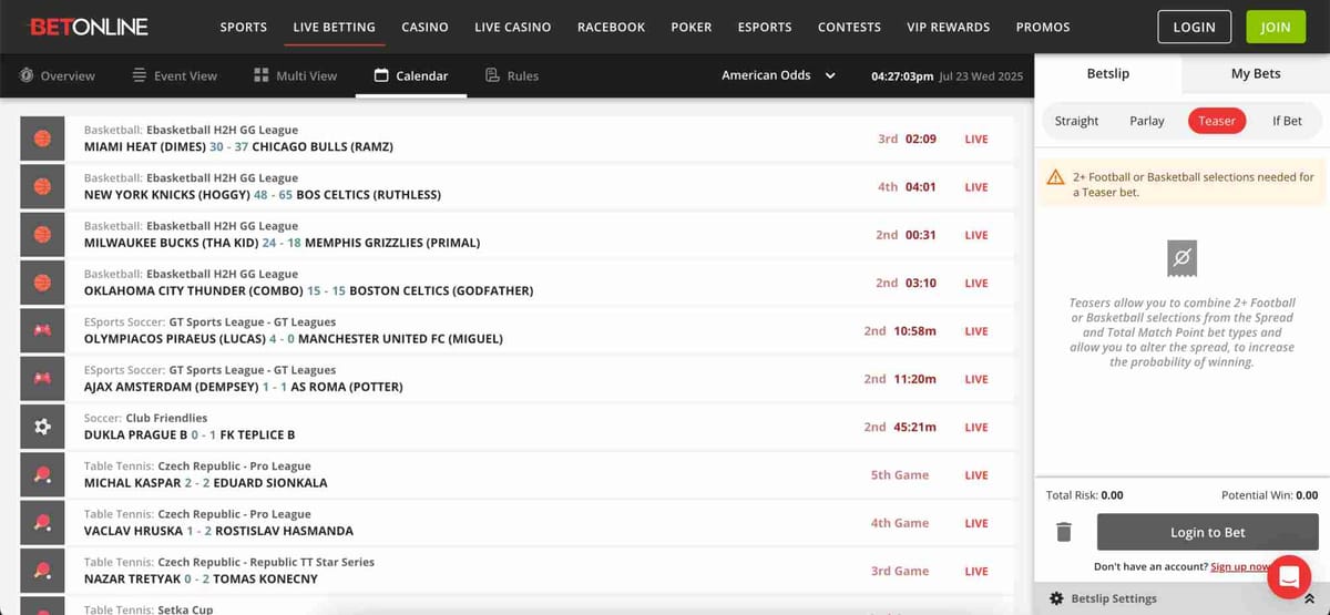 BetOnline live betting screen with various sports and match updates, related to Venmo withdrawal time.