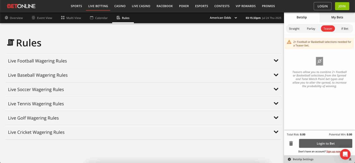 Screenshot of BetOnline's rules page showing live wagering categories, useful for understanding what are BetOnline golden chips and their applicable sports.