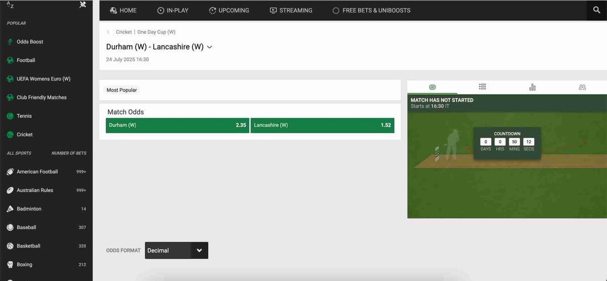 Unibet betting screen showing match odds for Durham (W) vs Lancashire (W) in the One Day Cup, with a countdown timer before the game starts