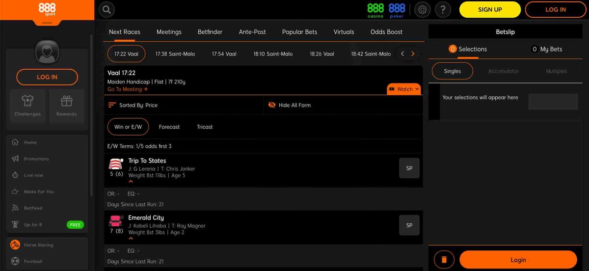 Screenshot of the 888sport horse racing betting interface showing upcoming races, odds, and betting options—helpful for those wondering, is 888sport legal in Tennessee?